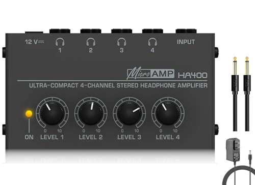 Headphone Amplifier, HA400 4-Channel Metal Stereo Audio Amplifier, Mini Earphone Splitter W/ & DC 12V Power Adapter, for Sound Mixer PC Guitar Studio Stage (Black) - style: HA400 + TRS