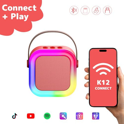 Karaoke Machine for Kids Adults, Mini Karaoke Machine with 2 Wireless Microphones, Portable Bluetooth Speaker with Voice Changing Effects & LED Lights, Best Gifts Toys for Girls and Boys - color: Red