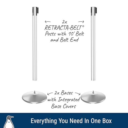 Commercial-Grade Stanchion 2-Pack by Visiontron – RETRACTA-Belt Prime (Model P100PS1) 10’ Retractable Belt Barrier - Heavy Base Crowd Control Barrier (Polished Stainless Steel w/Res Belt) | Commercial Grade Retractable Belt Stanchions, PRIME, Cement Base,