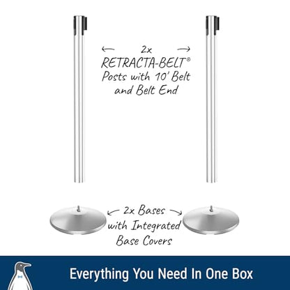 Commercial-Grade Stanchion 2-Pack by Visiontron – RETRACTA-Belt Prime (Model P100PS1) 10’ Retractable Belt Barrier - Heavy Base Crowd Control Barrier (Polished Stainless Steel w/Res Belt) | Commercial Grade Retractable Belt Stanchions, PRIME, Cement Base,