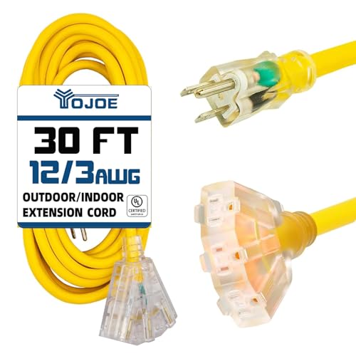 YOJOE 3-Outlets Indoor Outdoor Extension Cord with Lighted End, 3 Prong 15A Weatherproof Power Cord, 12 Gauge Heavy Duty 30 ft Yellow Extension Cord Multiple Outlets, 12/3 SJTW UL Certified - color: Yellow, size: 30 Foot
