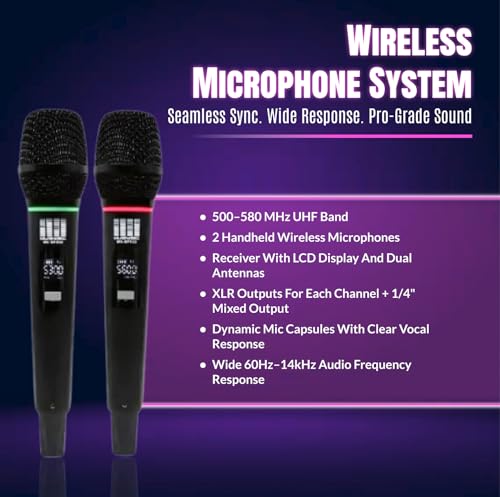 Pa System with Wireless Microphone and Speakers 10" 2000W Built-in Amp | Audio Mixer for DJ party PA kit with Wireless UHF Mic, 6-channel mixer, Dual Wireless UHF mic, 800W Speaker and Dual Stands - size: 10 inch