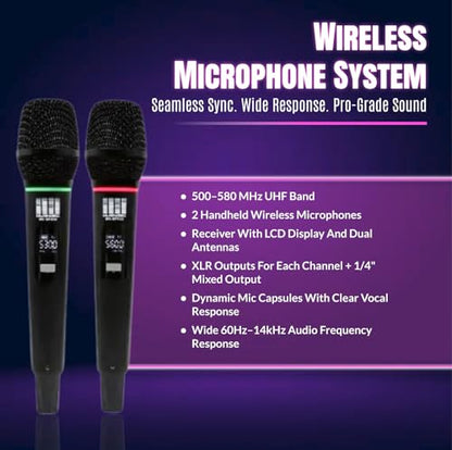 Pa System with Wireless Microphone and Speakers 10" 2000W Built-in Amp | Audio Mixer for DJ party PA kit with Wireless UHF Mic, 6-channel mixer, Dual Wireless UHF mic, 800W Speaker and Dual Stands - size: 10 inch