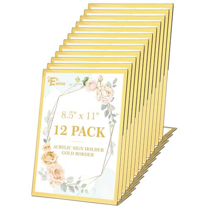 EHWINE 12 Pack Acrylic Sign Holder 8.5 x 11, Gold Picture Frame Stand up Table Top Sign Holders, Slanted Back Paper Holder Clear Display Stand Menu Flyer Holder for Wedding Party