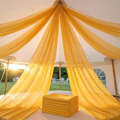 DUOBAO Gold Sheer Ceiling Drapes 20FT 6 Panels Chiffon Wedding Backdrop | Sheer Chiffon, Soft Draping Fabric, for Wedding Arch Tent Photography, 4-Inch Header, Rod Pocket, Reusable, Machine Washable - color: Gold, size: 60"W x 240"L (Pack of 6)