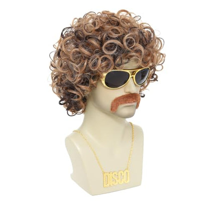 ByouByou 70s 80s Retro Disco Men Afro Wig Set, Pre-Styled Fluffy Curly Synthetic Wig with Accessories, Halloween Cosplay Costume Kit (Blonde Mixed Brown) - color: Blonde Mixed Brown