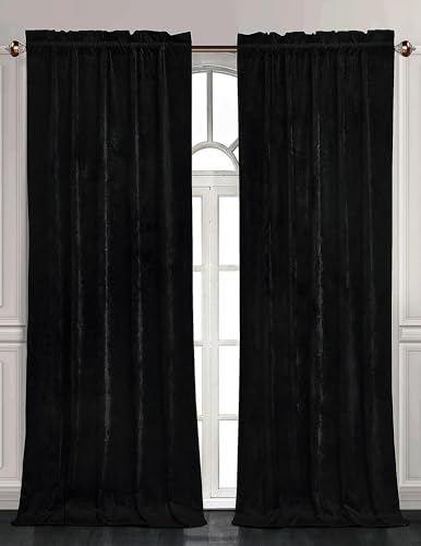 Chezmoi Collection Lux Black Crushed Velvet Curtains 2 Panel Set - 84 inches Long Room Darkening Luxury Distressed Velvet Rod Pocket Window Drapes for Living Room Bedroom 50" W x 84" L - color: Black