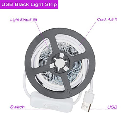 USB Black Light Strip, 6.6ft 10W UV LED Blacklight String Lights, 395-400nm, DC 5V, 120 Lamp Beads, Glow in The Dark for Halloween, Birthday, Party, Fluorescent Poster, Room, Bedroom Decoration - size: 6.6ft Strip