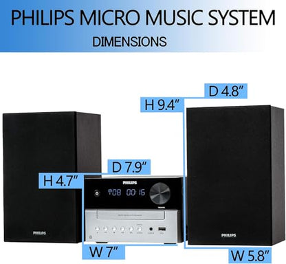 Philips Bluetooth Stereo System for Home with CD Player for Home, Wireless Streaming, MP3, USB, Audio in, FM Radio, 18W, Micro Music Sound System - size: 18W Stereo system
