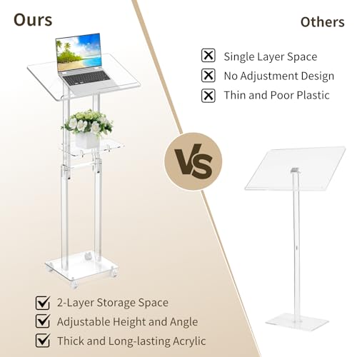 Acrylic Podium Stand Portable, Rolling Podium with Wheels, Clear Podium with Storage Shelf, Lockable Wheels for Churches, Classroom, Weddings, Speech (Adjustable Size, 37.8-47.2 inches Tall) | 37.8–47.2 in height range, tilting top, storage shelf and lock