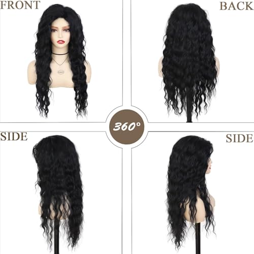 26 Inch Long Black Curly Drag Queen Wigs for Women Water Wave Hairstyles - color: Black