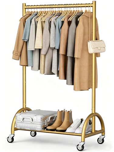 MISSLO Heavy Duty Clothing Rack with Wheels Rolling Clothes Racks for Hanging Clothes, Coats, Garment, Dress, Gold, 30" W - color: Gold, size: 30"W x 14.8"D x 66"H (Small)