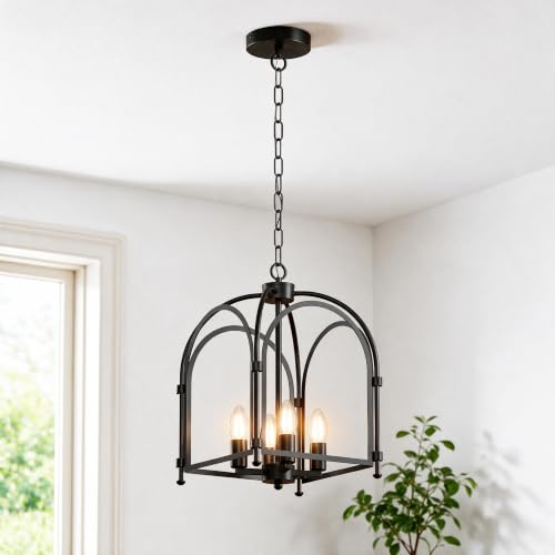 Phaosio 4-Light Black Chandelier, Farmhouse Lantern Chandelier | Industrial Metal Cage Light Fixture, Rustic Geometric Design, Adjustable Height, E12 Base, Kitchen Island, Entryway, Foyer - color: Black (Arch Cage)