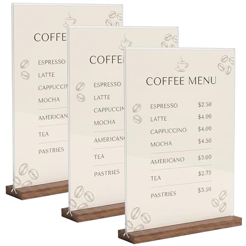 Acrylic Sign Holder 8.5 x 11 with Wooden Base, Double-Sided Horizontal Menu Display Stand, T-Shape Clear Paper Holder for Restaurant Cafe Office Wedding, 3 Pack
