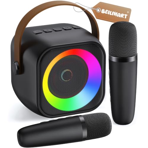 Mini Karaoke Machine,Portable Bluetooth Speaker with 2 Wireless Microphones - color: Black