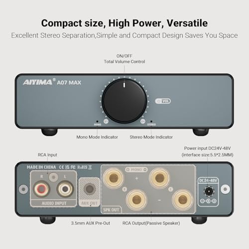 AIYIMA A07 MAX TPA3255 HiFi Power Amplifier 600W,Mono/Stereo Amp & Aux Out | Swappable Op-Amp | 300W*2 Class D HiFi Amp for 2.0/2.1 Channel Home Audio Bookshelf Speaker,T1 PRO Preamp,D07 Desktop DAC