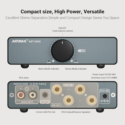AIYIMA A07 MAX TPA3255 HiFi Power Amplifier 600W,Mono/Stereo Amp & Aux Out | Swappable Op-Amp | 300W*2 Class D HiFi Amp for 2.0/2.1 Channel Home Audio Bookshelf Speaker,T1 PRO Preamp,D07 Desktop DAC