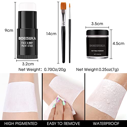 BOBISUKA White Face Paint Stick + Setting Powder+ 2 Paintbrushes Set, Clown Makeup Body Paint Eye Black Sticks for Sports, White Painting Kit for Halloween Skeleton Skull Special Effects SFX - color: White with Setting Powder & Brushes