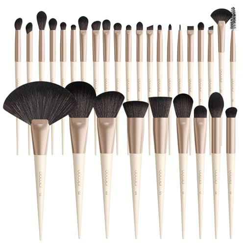 DUcare 30Pcs Professional Makeup Brushes Set, Large Foundation Powder Contour Concealer eyeshadow Blush EyeLiner Make up Brushes,Premium Synthetic hair,Vegan Cruelty-free - color: beige