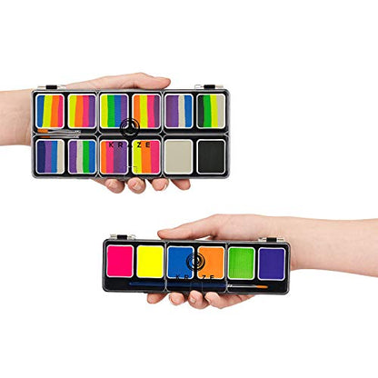 Kraze FX Neon Face & Body Paint Palette Set - Neon Pop 12 Split Cake Palette & 6 Neon Palette, Value Pack of Solid Neon Colors & Fun Neon Split Cakes with Brushes, Professional UV Painting Starter Kit - size: Neon Pop & Neon Face Paint Combo