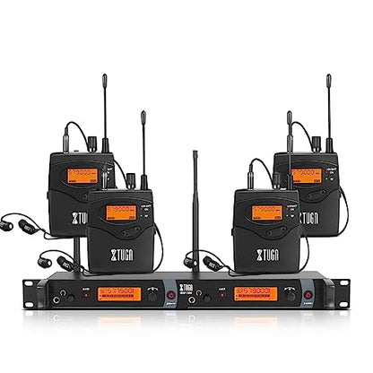 XTUGA IEM1200 Wireless in Ear Monitor Dual Channel 4 Bodypacks Ear Monitors Musicians, 2 x 40 Frequencies, Rack Mount, 300Ft Range, UHF Wireless IEM Used for Church, Band and Studio - size: 4 Bodypacks