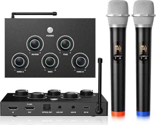 Wireless Karaoke Microphone System, Microphone Mixer Dual Handheld Wireless Microphones, HDMI & AUX in/Out, Optical Out, 100ft Range, Karaoke Mic for TV, Speakers, Singing, Church & Wedding-Black