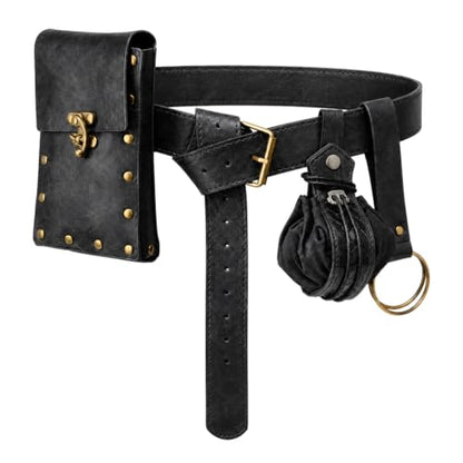 Renaissance Belt Pouch Set, Medieval Viking Pirate Leather Bag, Steampunk Waist Bag Skirt Hike Set, Halloween Cosplay Costume Accessories for Men Women (Black) - color: Black