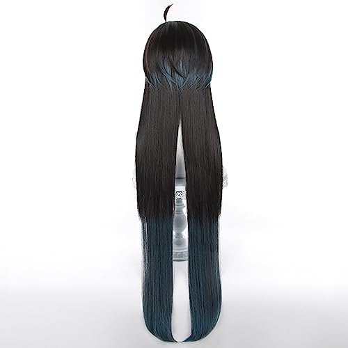 Anime Black Blue mixed Red Wigs Men Long Straight Wig with Ahoge Bangs Layered Haircut Adult Game Dragon Lunae Cosplay Wigs Halloween,Christmas,Comic con,Game Show,Party - color: Black Blue