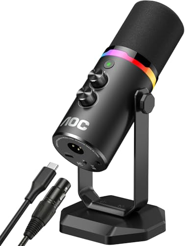 AOC USB/XLR Dynamic Microphone for PC Gaming, Podcast & Recording, Dual-Mode RGB Mic& Streaming Vocal Gear with Heavy-Duty Desk Stand, Clicky Mute, 7.5ft USB & 6.5ft XLR Cables Included