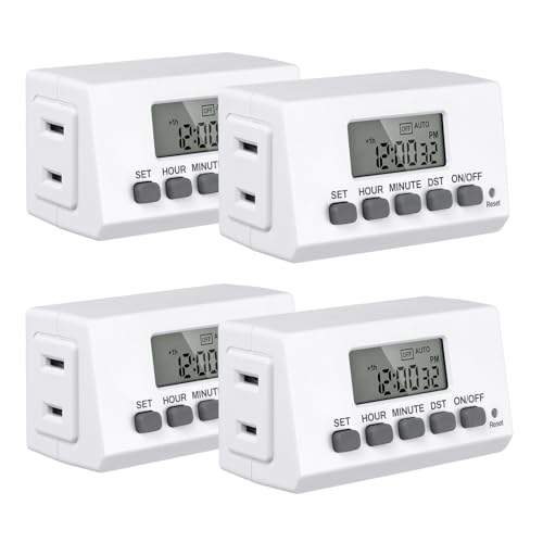 BN-LINK Indoor 24H Programmable Digital Timer Outlet, Slim 1 Outlet, 4 Pack | 2 Daily Programs; 125V/15A/1875W; Backup Battery; Side Outlet; For Lamps, Aquarium, Reptile Tanks, Holiday Decor; ETL Listed - style: 2-Prong,4-Pack