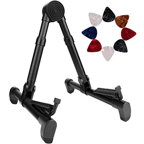 Eison Folding Guitar Stand - Lightweight Adjustable Floor Holder With 8 Picks, Portable A Frame Aluminium Music Stand for Acoustic Electric Guitars, Bass, Violin, Ukulele, Mandolin, Banjo