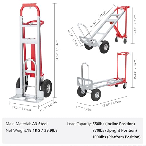 4 in 1 Convertible Hand Truck-1,000lb Heavy-Duty Folding Hand Truck Dolly Cart with Solid Wheel, 1000LBS Heavy Duty Steel Dolly for Logistics, Warehouse, Home, Office Moving, Delivery - size: 4 Wheels with 1000 lbs capacity(steel)