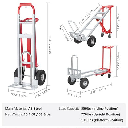 4 in 1 Convertible Hand Truck-1,000lb Heavy-Duty Folding Hand Truck Dolly Cart with Solid Wheel, 1000LBS Heavy Duty Steel Dolly for Logistics, Warehouse, Home, Office Moving, Delivery - size: 4 Wheels with 1000 lbs capacity(steel)