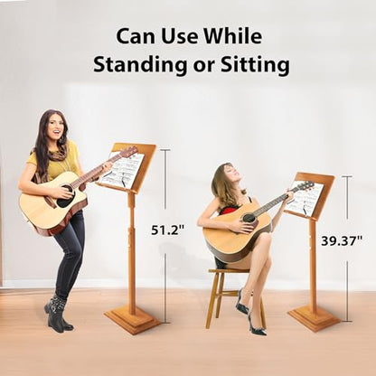 Sheet Music Stands-Bamboo Music Stand for Sheet Music& Desktop Book Stand With Tray Guitar Clip,Wooden Music Stand Portable Height Adjustable 39.37”to 51.2”Folding Holder Guitar Ukulele BassMusic - color: Tray + Guitar Clip+natural