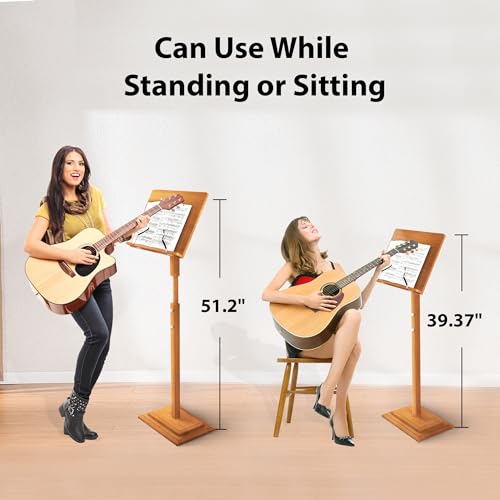 Sheet Music Stands-Bamboo Music Stand for Sheet Music& Desktop Book Stand With Tray Guitar Clip,Wooden Music Stand Portable Height Adjustable 39.37”to 51.2”Folding Holder Guitar Ukulele BassMusic - color: Tray + Guitar Clip+natural