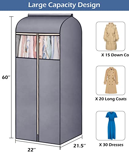 SLEEPING LAMB 60'' Hanging Garment Bags for Closet Storage Sealed Completely Jackets Coats Suits Clothes Rack Cover for Wardrobe with Clear PVC Window, 2 Packs, Grey (Hanging Rod Not Included) - size: 60 inches