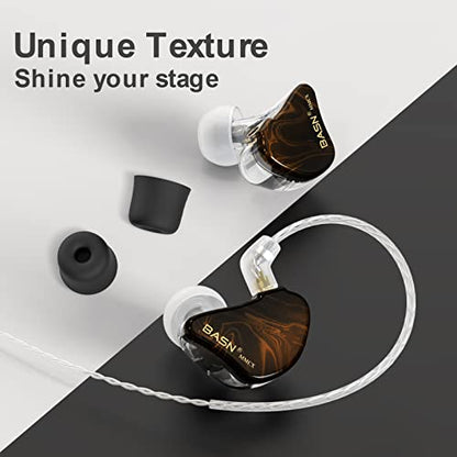 BASN MMCX in Ear Monitor,Triple Driver Musician IEM Headphone,Gold Obsidian | Hybrid 2DD+1BA Driver Drummer Earphone with Powerful Bass,Secure Over-ear Design,4.9ft Detachable Silver-plated & Mic Cables - color: Golden Obsidian