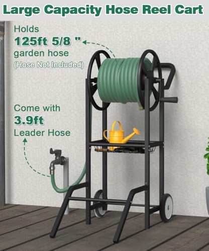 Hose Reel Cart with 2 Wheels, Garden Water Hose Holder Heavy Duty Powder Coated Steel Outdoor Winder Storage Holds 125 ft 5/8" Hoses with Basket and 3.9ft Leader Hose for Backyard, Black - color: Black