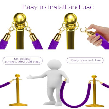 Nuogo 6 Pack Velvet Stanchion Rope,5 Feet Velvet Rope with Gold Hook,Purple | Safety Rope Off Barrier, Crowd Control, 1.2 IN in Diameter, Event Weddings Graduation Theaters Grand Opening Hotel - color: Purple
