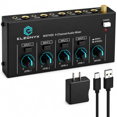 4 Channel Mini Audio Mixer, Stereo Line Mixer with Mono/Stereo Switch, Ultra-Low Noise Sub-Mixer, 1/4" & 1/8" TS/TRS I/O, 5V Adapter, for Keyboard, Guitar, Bass, Electronic Drums
