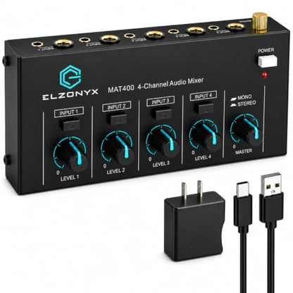 4 Channel Mini Audio Mixer, Stereo Line Mixer with Mono/Stereo Switch, Ultra-Low Noise Sub-Mixer, 1/4" & 1/8" TS/TRS I/O, 5V Adapter, for Keyboard, Guitar, Bass, Electronic Drums