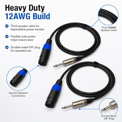 Speakon to 1/4 Speaker Cable 2-Pack 3.3ft, 12AWG OFC Heavy Duty 20A NL4FX Twist Lock, for QSC Crown Yamaha JBL PA System, DJ Stage Monitor Subwoofer Live Sound