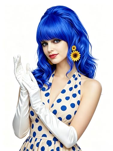 Rugelyss Long Wavy Blue Wig with Bang Big Bouffant Beehive Wigs for Women fits 80s Costume or Halloween Party - color: Blue