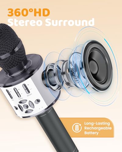 Amazmic Kids Karaoke Microphone Machine Toy, Bluetooth Portable Wireless Handheld Microphone with LED Lights, Gift for Children & Adults for Birthday Party, Home KTV (Gray) - color: Gray