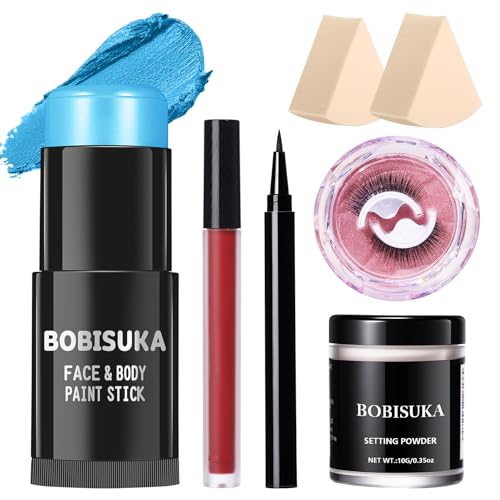 BOBISUKA Sally Halloween Makeup Kit- Light Blue Face Body Paint Stick with Red Lipstick, Black Eyeliner, Self-Adhesive Lashes, Setting Powder & Sponges Makeup Set For Avatar, Corpse Bride, Theme Party - color: Light Blue Painting Stick Set