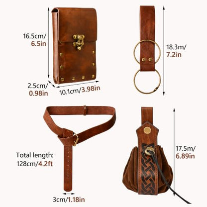 Renaissance Belt Pouch Set, Medieval Viking Pirate Leather Bag, Steampunk Waist Bag Skirt Hike Set, Halloween Cosplay Costume Accessories for Men Women (Brown) - color: Brown