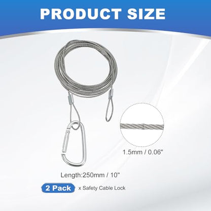 MECCANIXITY 10 Inch Safety Cable Lock, 1/16'' Stainless Steel Cable with Loops Security Wire Lock for Hanging Lighting Luggage Plant Pictures Pack of 2 - size: 250 x 1.5mm