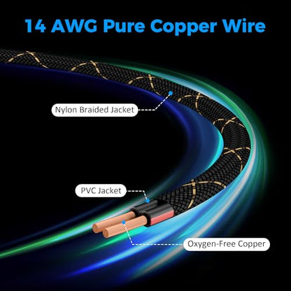 14/2 Speaker Wire 25 Feet, 14AWG Gauge Speaker Cable, Direct Burial, Durable Nylon Braided, in Wall, 2 Conductors, OFC Oxygen-Free Copper, for Car Audio Stereos, Home Theater, Surround Sound, Radio - size: 25 Feet, style: 14AWG