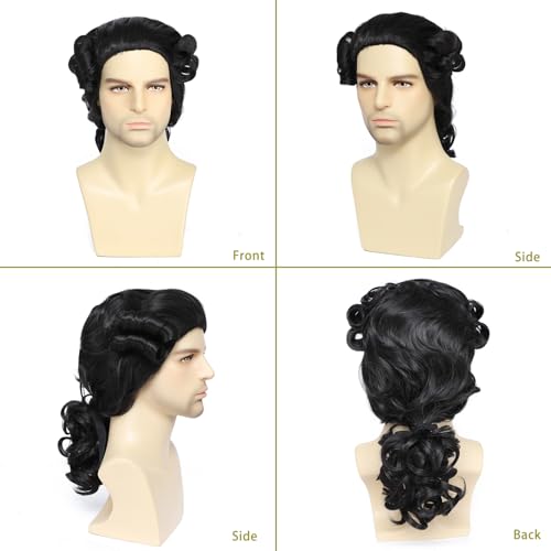 Men's 18th Century Colonial Judge Wig, George Washington Wig Lawyer Aristocrat Curly Costume Wig for Halloween Historical Theme Party (Black) - color: 3-Black