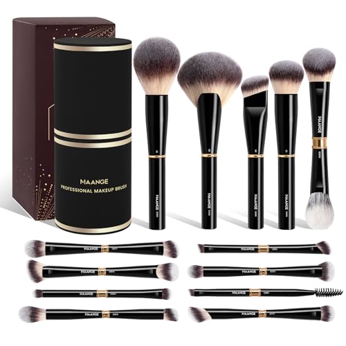 MAANGE 13Pcs Makeup Brushes with Case, Professional Brochas De Maquillaje for Face & Eyes, Soft Synthetic Foundation Powder Blush Eyeshadow Brush Kit with Gift Box,Black - color: Black